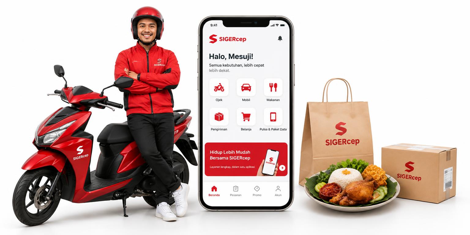 Konsep aplikasi SIGERcep dengan driver lokal, motor, makanan, dan pengiriman barang